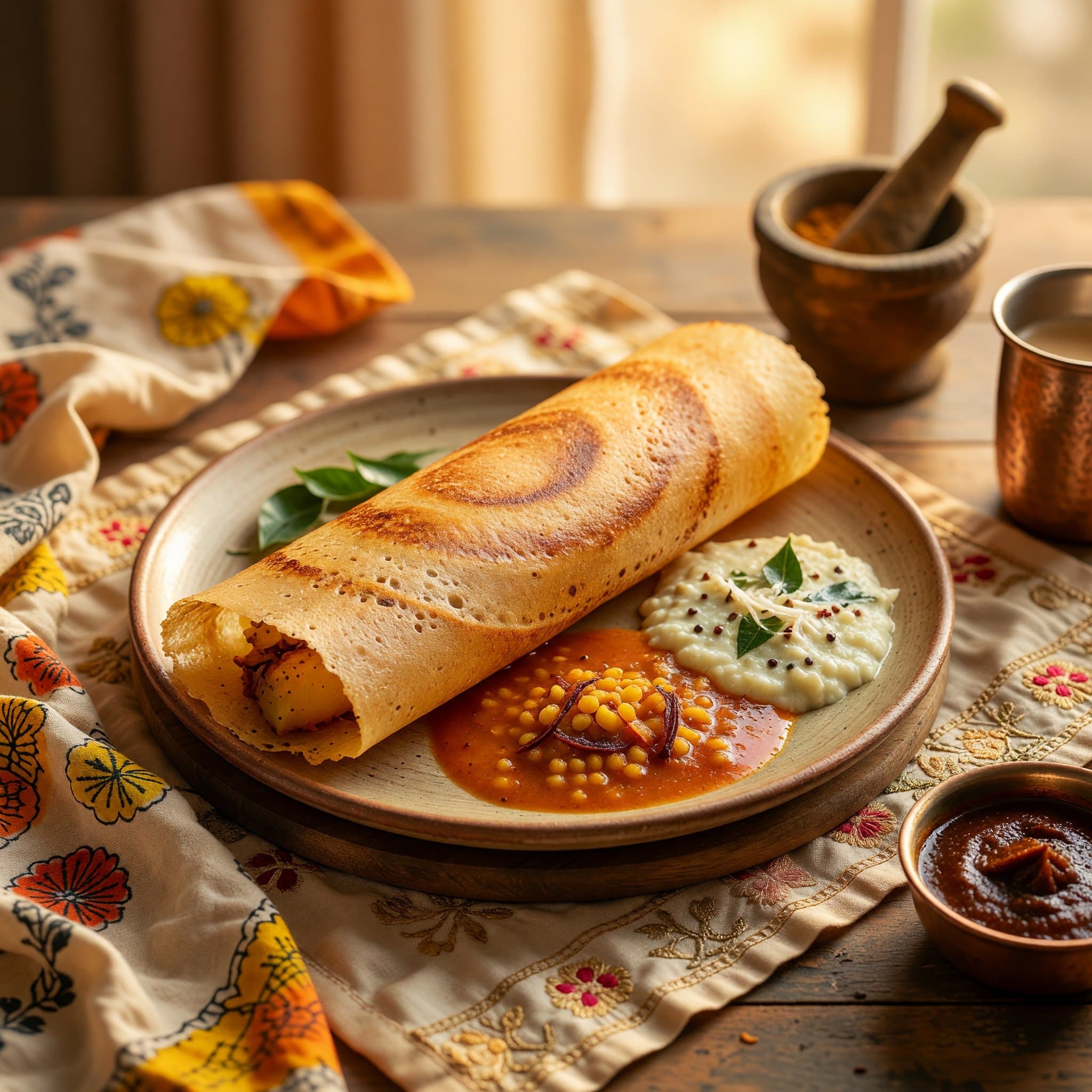 Crispy masala dosa folded over golden spiced potato filling, served with coconut chutney and warm sambar.