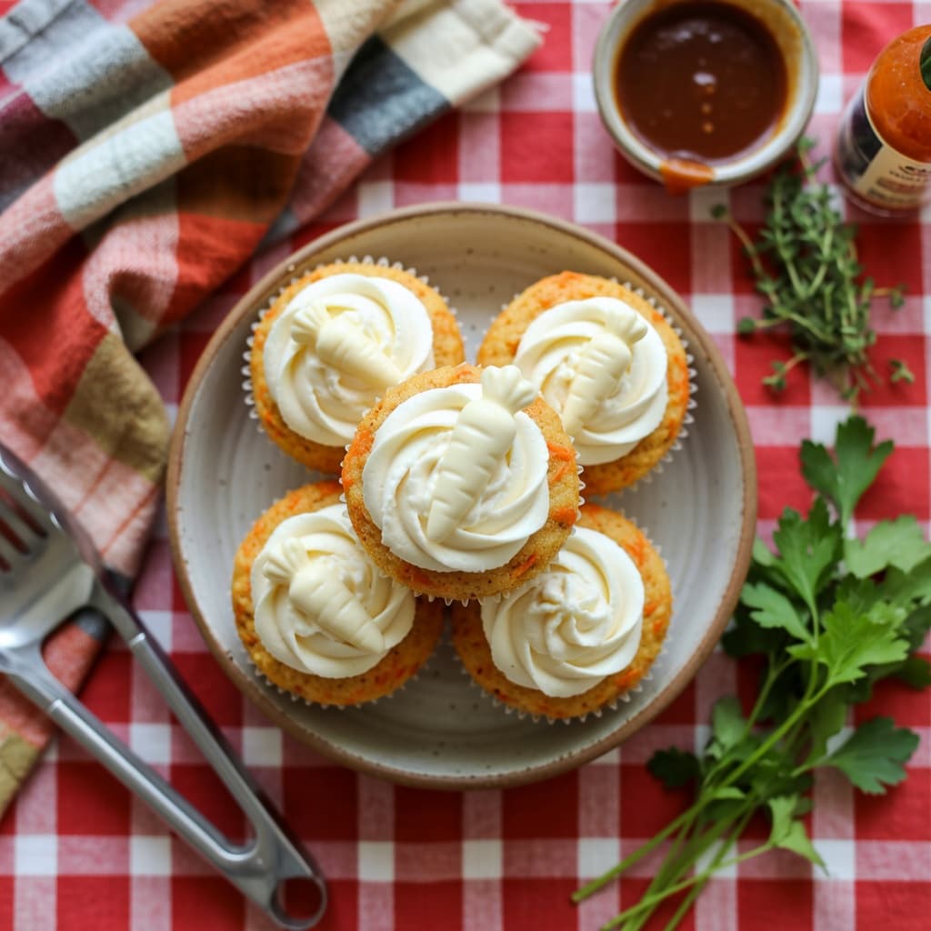 Frosted carrot cake cupcakes, swirled high with cream cheese frosting.
