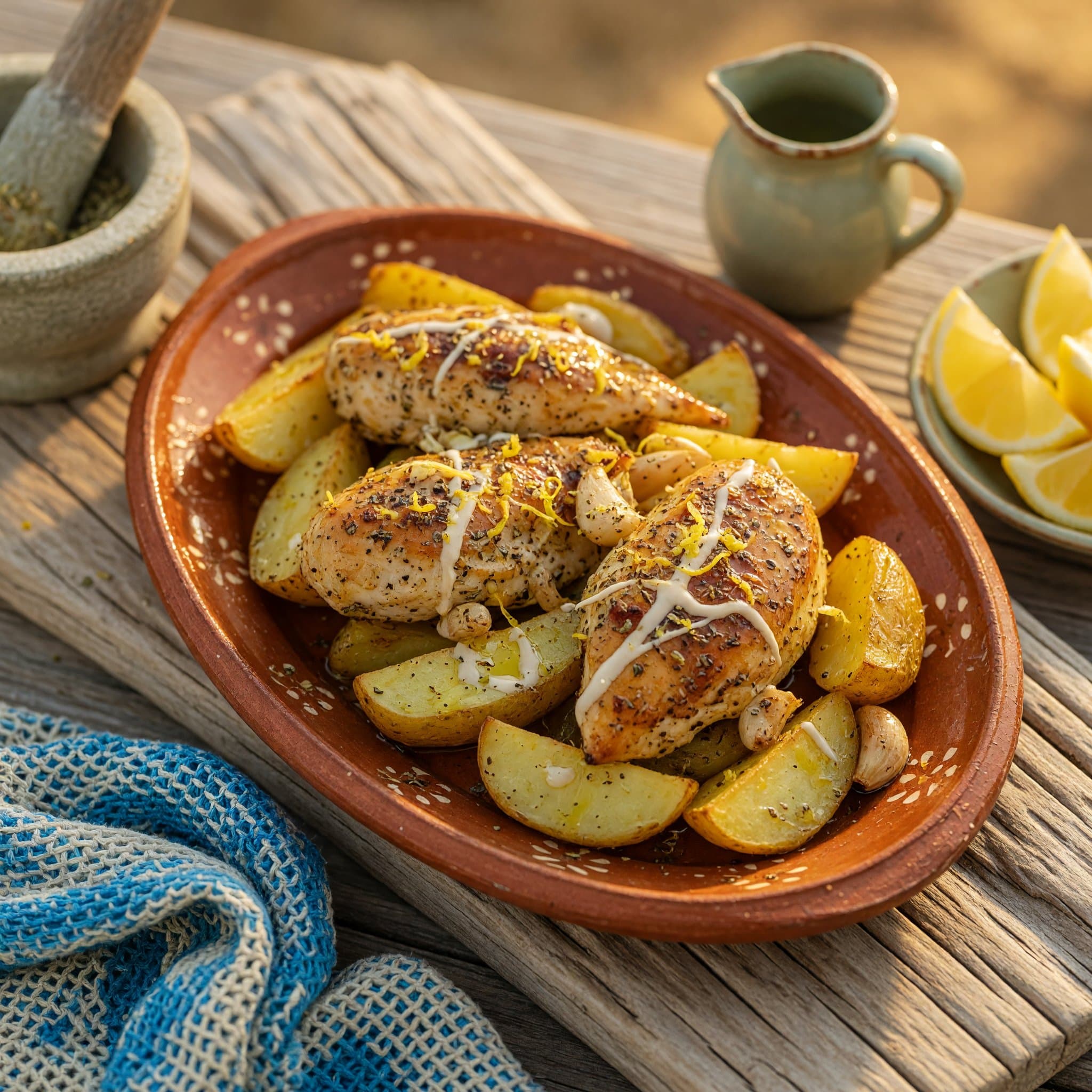 Chicken and potatoes glazed in lemon and oil, fresh from the oven.