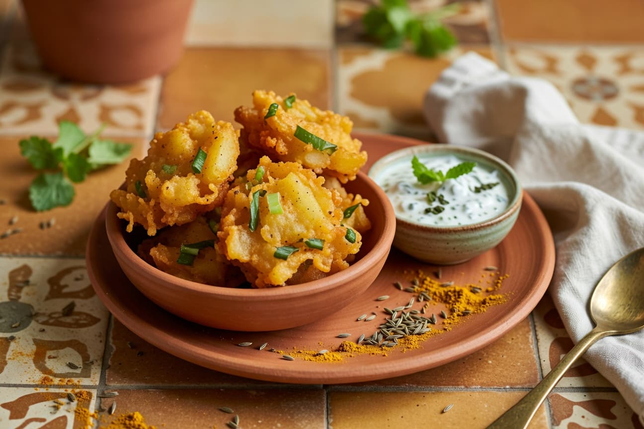 Crispy Potato & Scallion Pakora Recipe with Mint Yogurt