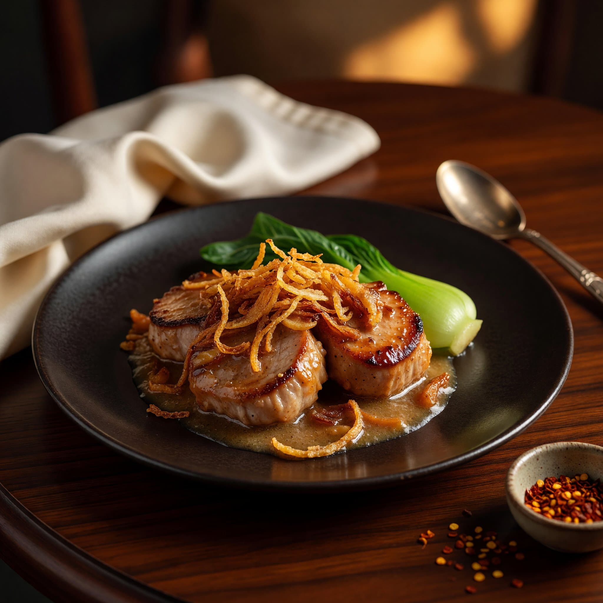 Glazed pork medallions nestled in apple-coconut sauce, topped with crispy onions, scallion greens, and sesame seeds.