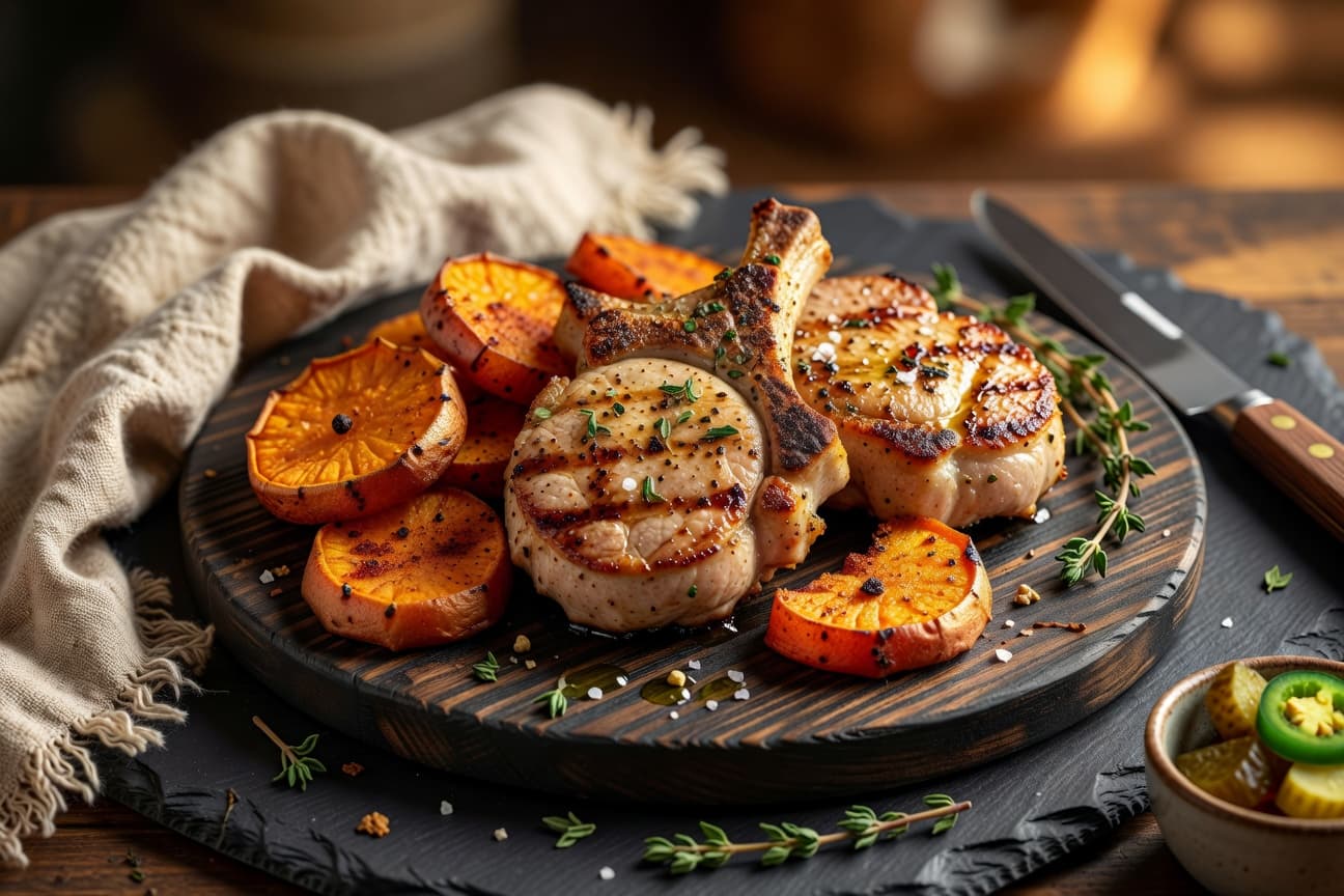 Grilled Pork Chops with Baked Sweet Potatoes