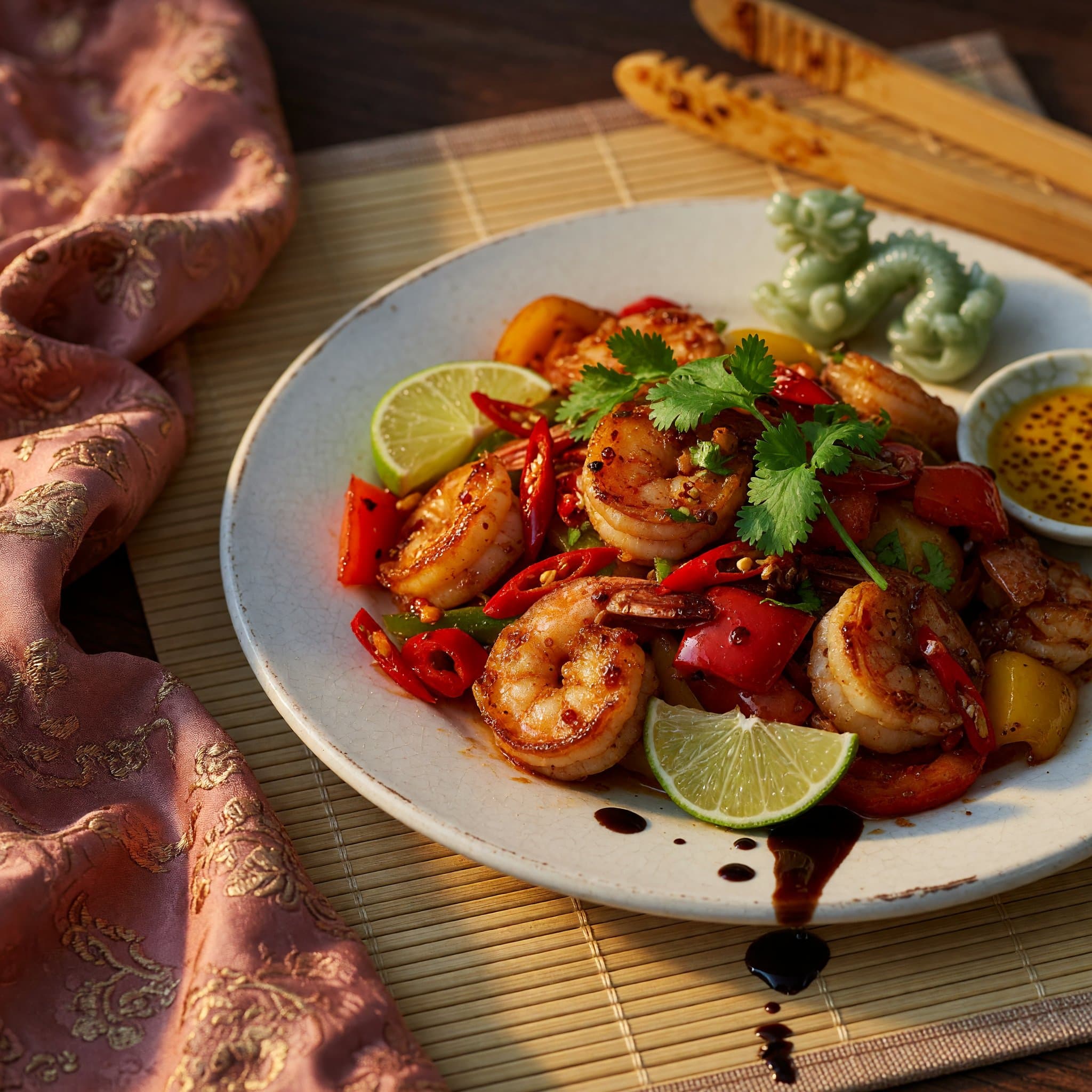 Glossy chili-lime shrimp and stir-fried vegetables over white rice.