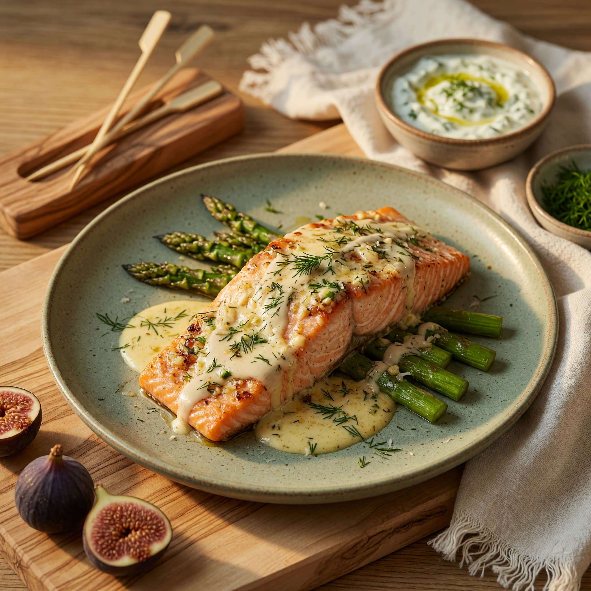 Seared salmon and roasted asparagus plated under a warm garlic-parmesan cream sauce.