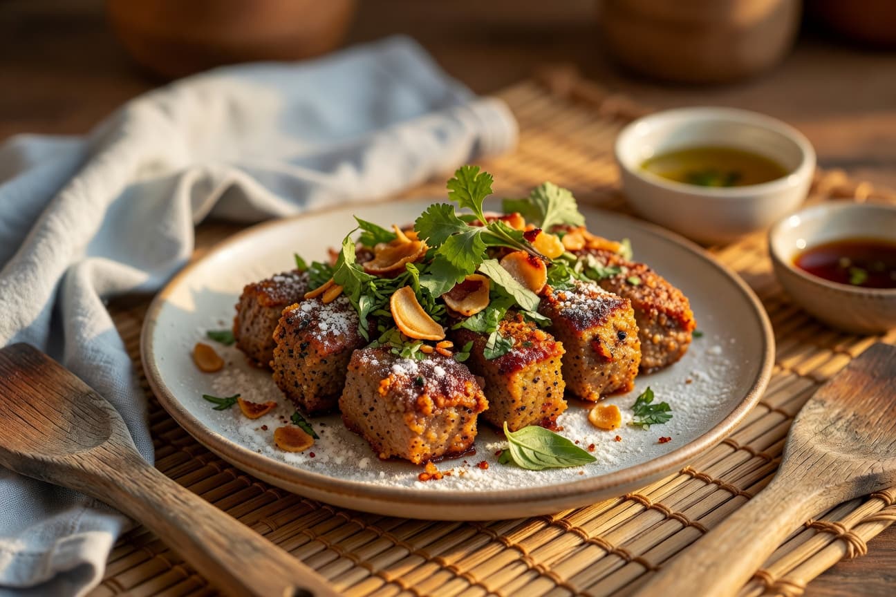 Crispy cube steak in a pho-inspired broth, finished with lime and fresh herbs over rice noodles.