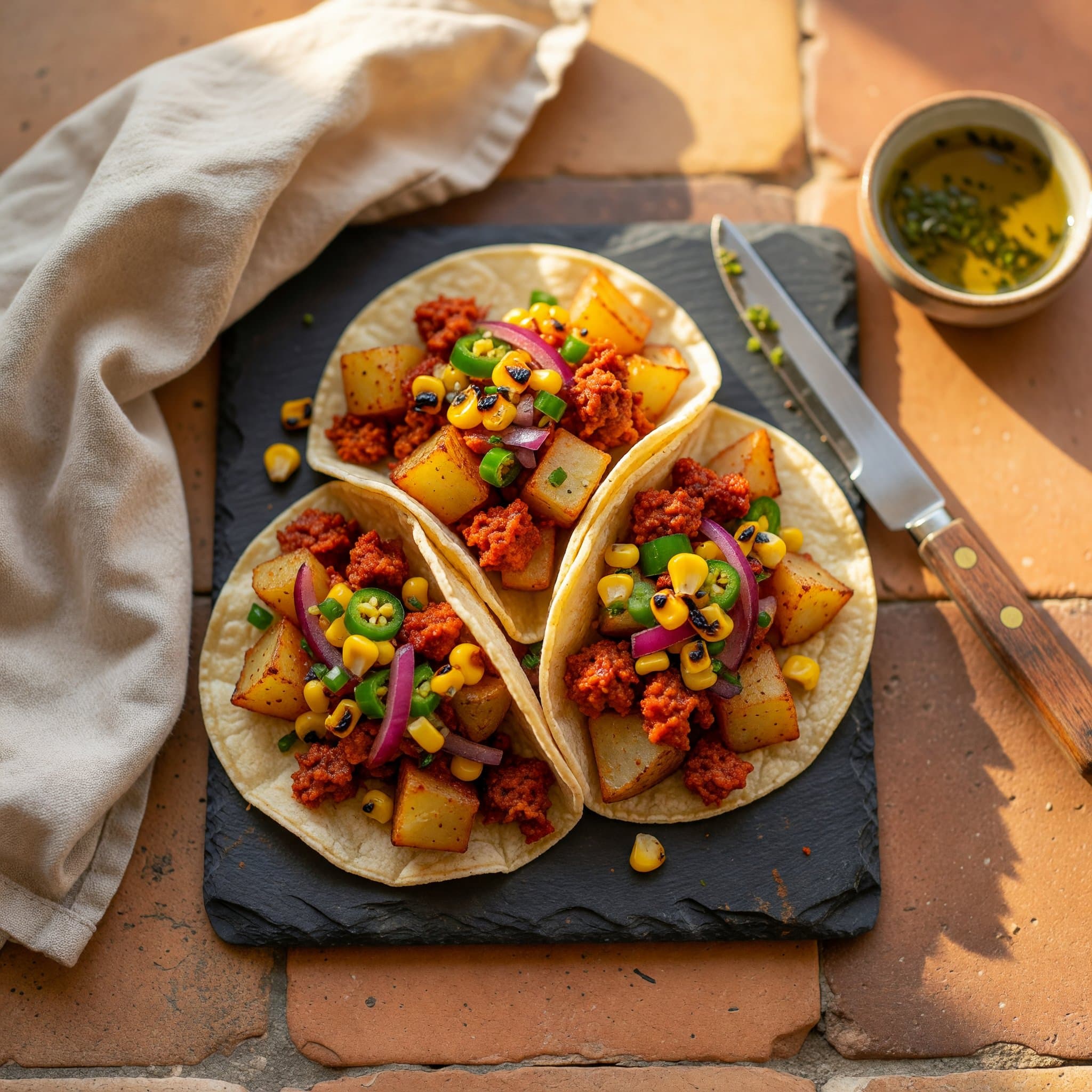 Warm corn tortillas loaded with chorizo, potatoes, charred corn salsa, and avocado.